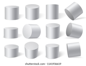 White cylinders on different angles. Isolated on white background. Vector set of 12 objects. Templates for your design.