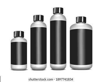 White cylindrical bottle with black label and screw cap - vector mock-up set. Cosmetic, medical or food product packaging. Template for design.