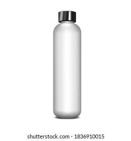 White cylindrical bottle with black screw cap, realistic vector mock-up. Blank container for cosmetic, medical or other liquid product, mockup. Template for design.