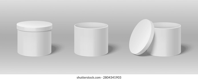 White cylindrical gift box set isolated on background. Vector realistic illustration of open and closed blank cardboard packages for luxury cosmetics, holiday gift packaging, round container mockup