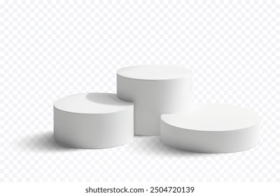 White cylindrical pedestals of varying heights, isolated on a transparent background. The clean and minimalistic design is perfect for showcasing products, branding. 3D vector podium background.