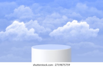 Um pódio cilíndrico branco para apresentação do produto contra um céu azul com nuvens fofas. Para exibir produtos, cosméticos ou publicidade. Ilustração vetorial realista. Modelo em branco.