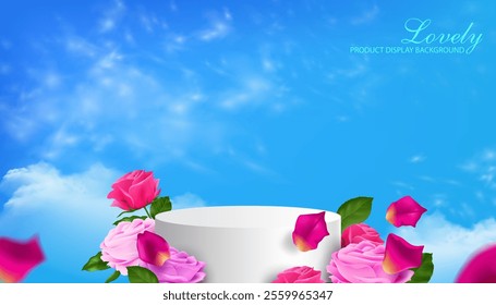 white cylindrical podium and rose flower and petals,blue sky decorative lovely event business promotion and cosmetic product display and presentation background vector illustration.