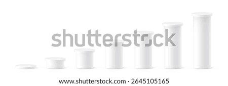 White cylindrical podiums in ascending height. Minimalist 3D columns for ranking, data visualization, infographics, or product display. Realistic vector illustration.