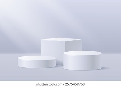 White cylindrical podiums with a cubic pedestal on a light background illuminated by the sun from the window. Vector 3D illustration.