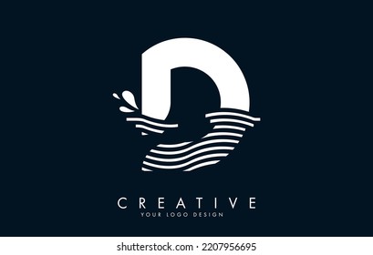 White D Letter Logo with Waves and Water Drops Design Vector Illustration.
