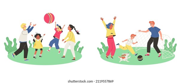 White Dad And Indian Mom With Their Kids Play Ball On The Green Lawn Of Park. White Redhead Husband And Hispanic Wife Play Soccer.Multicultural Family Healthy Active Sport Lifestyle Cartoon Vector Set