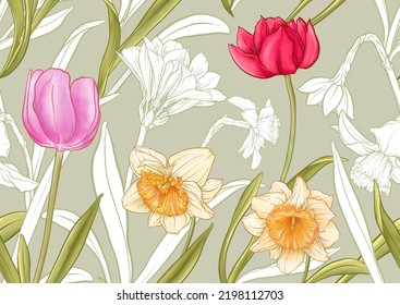 White daffodils and tulips flowers, the early spring flowers. Seamless pattern, background. Vector illustration. In botanical style