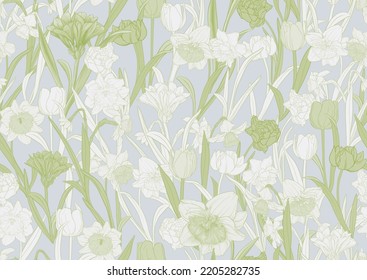 White daffodils and tulips flowers, the early spring flowers. Seamless pattern, background. Vector illustration. In botanical style