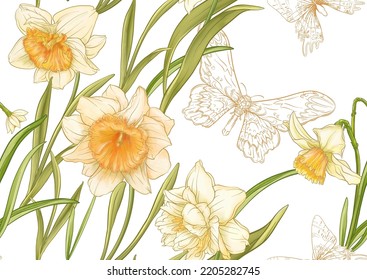 White daffodils and tulips flowers, the early spring flowers. Seamless pattern, background. Vector illustration. In botanical style