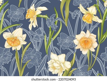 White daffodils and tulips flowers, the early spring flowers. Seamless pattern, background. Vector illustration. In botanical style