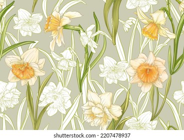 White daffodils and tulips flowers, the early spring flowers. Seamless pattern, background. Vector illustration. In botanical style svg