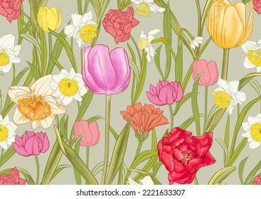 White daffodils and tulips flowers, the early spring flowers. Seamless pattern, background. Vector illustration. In botanical style