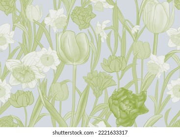 White daffodils and tulips flowers, the early spring flowers. Seamless pattern, background. Vector illustration. In botanical style