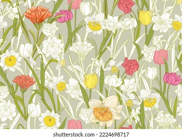 White daffodils and tulips flowers, the early spring flowers. Seamless pattern, background. Vector illustration. In botanical style