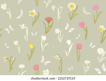 White daffodils and tulips flowers, the early spring flowers. Seamless pattern, background. Vector illustration. In botanical style