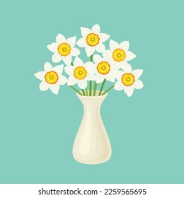 White daffodils in vase isolated on blue background. Vector cartoon illustration of beautiful spring flowers.