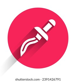White Dagger icon isolated with long shadow. Knife icon. Sword with sharp blade. Red circle button. Vector