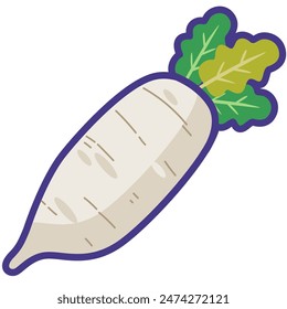 White daikon radish vegetable cartoon icon vector illustration, fresh white radishes or daikon radishes image, sayuran lobak putih, healthy vegetables