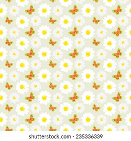 White daisies and butterflies seamless pattern. Daisy field easter background