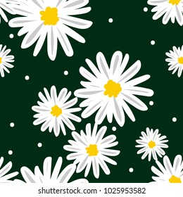 White daisies and white circle seamless vector pattern on green background. Daisy in doodle style. Tiny flowers seamless pattern.