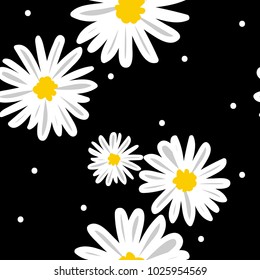 White Daisies And White Circle Seamless Vector Pattern On A Black Background. Daisy In Doodle Style. Tiny Flowers Seamless Pattern.