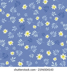 Weiße Gänseblümchen graben auf blauem Retro-Vektorgrafik nahtlos Muster Print Design. Für süße Stoffabdrücke, Textilien, Kinderbekleidung, Umhüllung, Verpackung, Wände und mehr