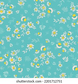 White daisies ditsy on teal background vector seamless repeat pattern design. For fabric allover print, gift wraps, clothing, textile and more