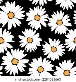 white daisies, floral seamless pattern on black background