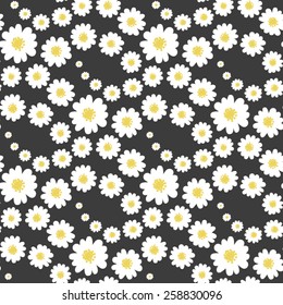 White daisies flower seamless pattern on a black background. Daisy field.  Ditsy floral pattern