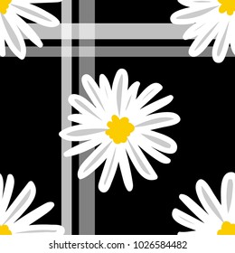 White daisies and white line seamless vector pattern on a black background. Daisy in doodle style. Tiny flowers seamless pattern.