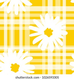 White daisies and white line seamless vector pattern on a yellow background. Daisy in doodle style. Tiny flowers seamless pattern.