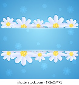 White daisies on blue background with banner, illustration.