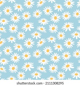 White daisies on blue background print. Floral daisy seamless pattern vector.