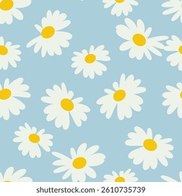White daisies on blue background Seamless pattern background ideal for wrapping paper, fabric, textile etc.
