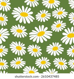 White daisies on green background Seamless pattern background ideal for wrapping paper, fabric, textile etc.