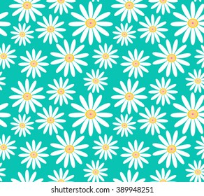 white daisies on turquoise background seamless vector pattern