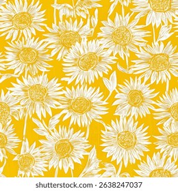 White daisies on a yellow background, linocut print pattern, cotton, silk, vector illustration, doodle summer, kids and baby designs for print fabric.