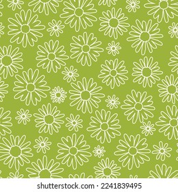 White daisies outlines on calm green background, seamless vector pattern