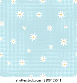 White daisies with a seamless grid pattern background Used for printing, wallpaper, fabric patterns, textiles