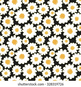 White daisies seamless pattern on a black background.Daisy field