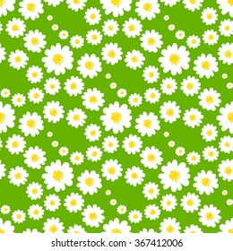 White daisies seamless pattern on a green background. Daisy field