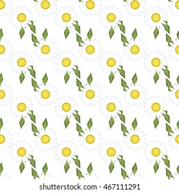 White daisies seamless pattern on yellow background. Daisy field chamomile seamless pattern abstract design plant texture. Nature flower daisies vector summer chamomile seamless pattern.