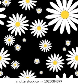 White daisies seamless vector pattern on a black background. Daisy in flat design. Tiny flowers seamless pattern.