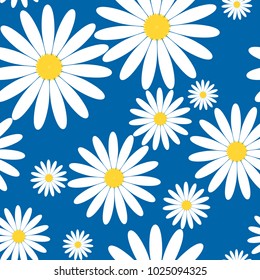 White daisies seamless vector pattern on a blue background. Daisy in flat design. Tiny flowers seamless pattern.