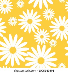 White daisies seamless vector pattern on a yellow background. Daisy in flat design. Tiny flowers seamless pattern.