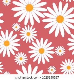 White daisies seamless vector pattern on a red background. Daisy in flat design. Tiny flowers seamless pattern.