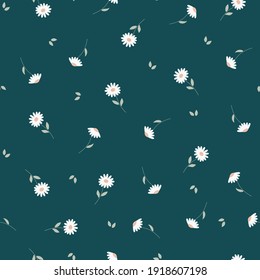 Las mareas blancas son un patrón de cosecha ininterrumpido. Pequeñas flores y hojas en un fondo azul. Diseño de tela, empaque, rayado. Vector moderno.