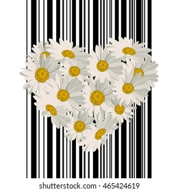 White daisies in the shape of a heart on striped background.