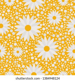 White daisy chamomile, cute flower seamless Pattern wrapping paper, textile template. Yellow background.